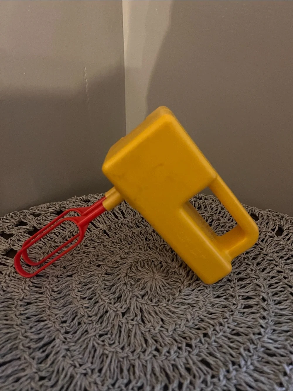 Yellow and Red Handheld Kids Toy Mixer - kitchen egg beater vintage